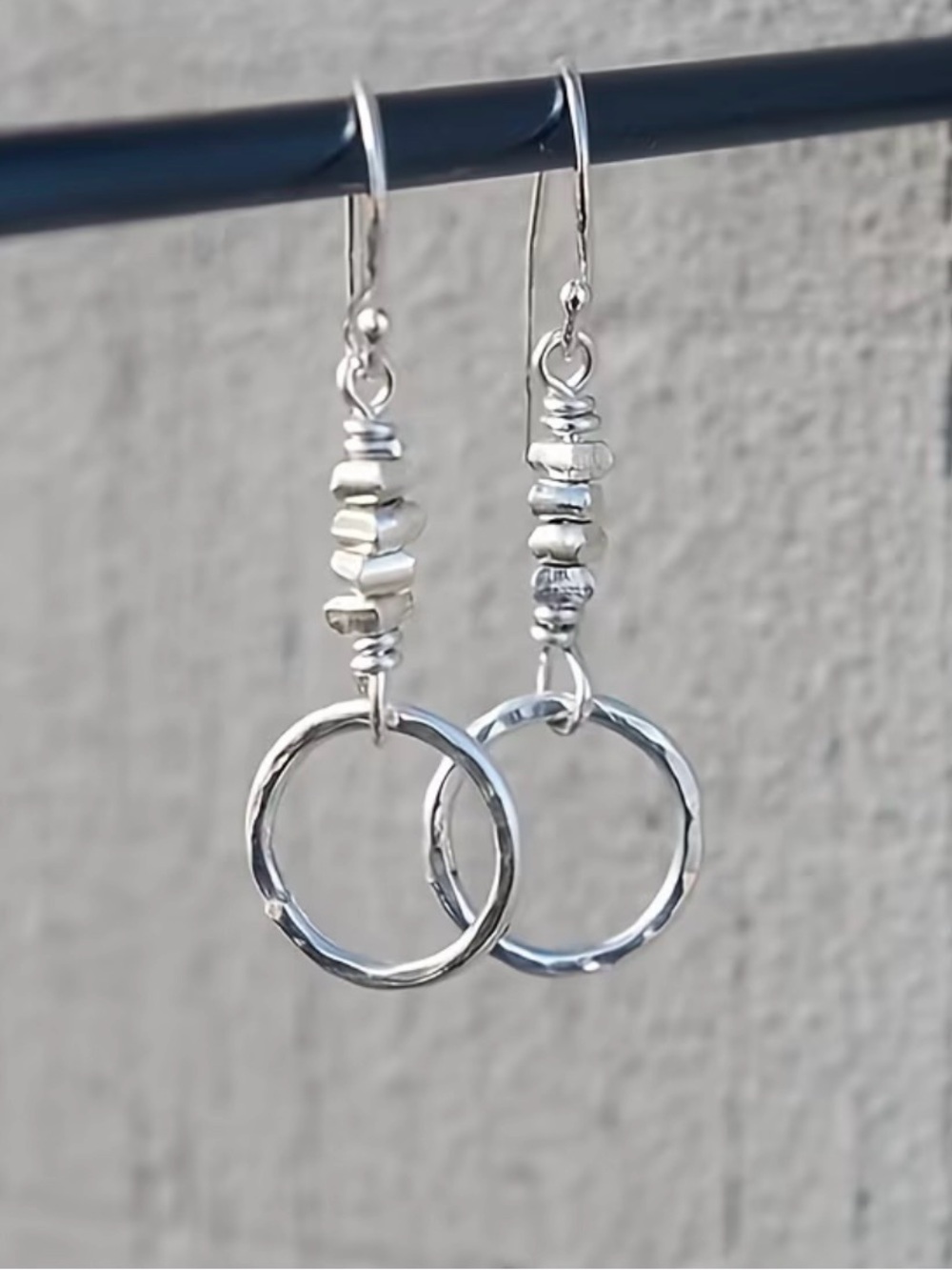 Sterling Silver Hammered Hoop Drop Earrings - Silver